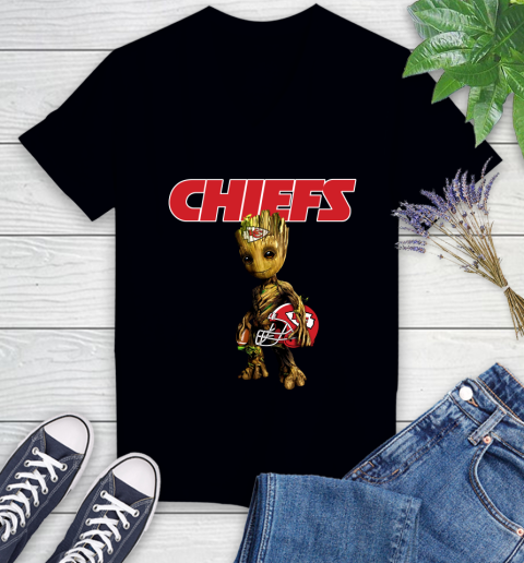 Kansas City Chiefs NFL Football Groot Marvel Guardians Of The Galaxy Women's V-Neck T-Shirt 2