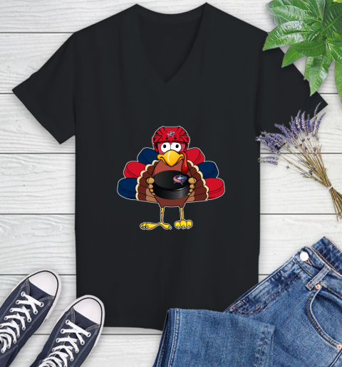 Columbus Blue Jackets Turkey Thanksgiving Day Women's V-Neck T-Shirt 2