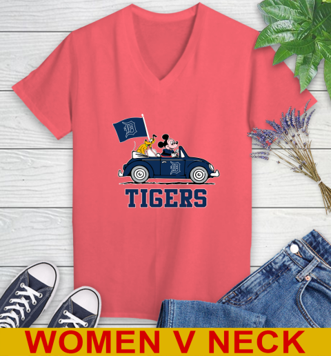 MLB Baseball Detroit Tigers Pluto Mickey Driving Disney Shirt Women's V-Neck T-Shirt 7