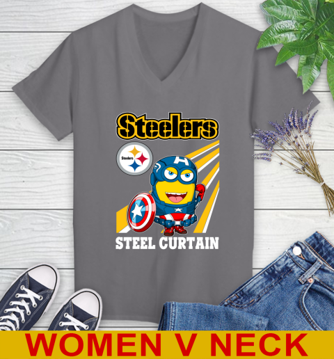 NFL Football Pittsburgh Steelers Captain America Marvel Avengers Minion Shirt Women's V-Neck T-Shirt 11