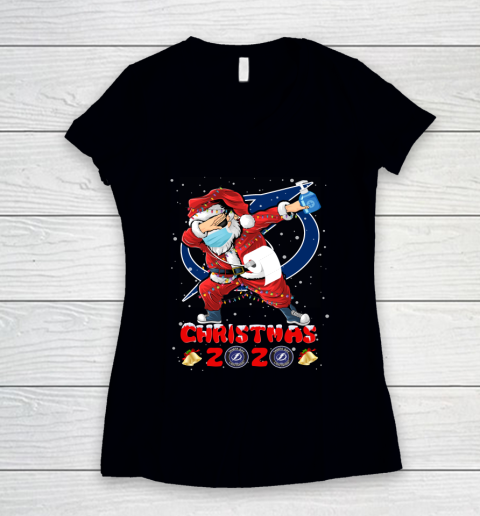 Tampa Bay Lightning Funny Santa Claus Dabbing Christmas 2020 NHL Women's V-Neck T-Shirt
