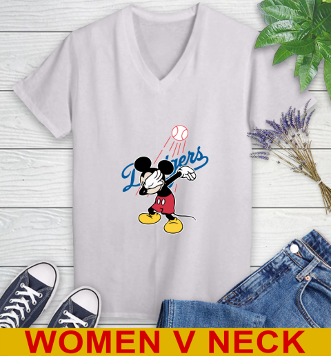 Los Angeles Dodgers MLB Baseball Dabbing Mickey Disney Sports Women's V-Neck T-Shirt