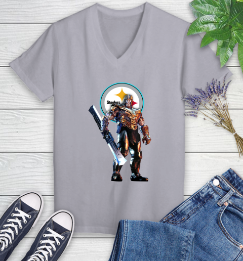 NFL Thanos Gauntlet Avengers Endgame Football Pittsburgh Steelers Women's V-Neck T-Shirt 4