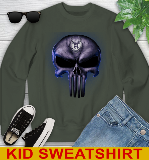 Milwaukee Bucks NBA Basketball Punisher Skull Sports Youth Sweatshirt 8