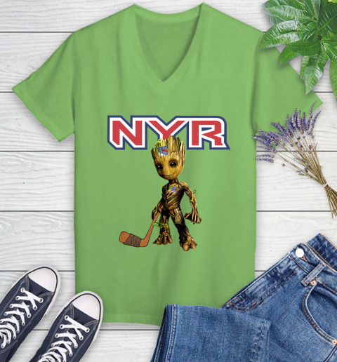 New York Rangers NHL Hockey Groot Marvel Guardians Of The Galaxy Women's V-Neck T-Shirt 11