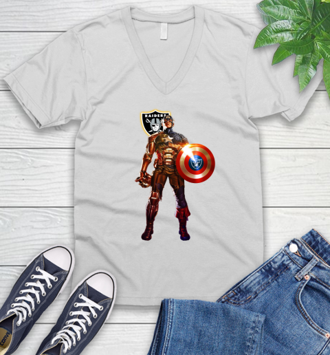 NFL Captain America Marvel Avengers Endgame Football Sports Oakland Raiders V-Neck T-Shirt