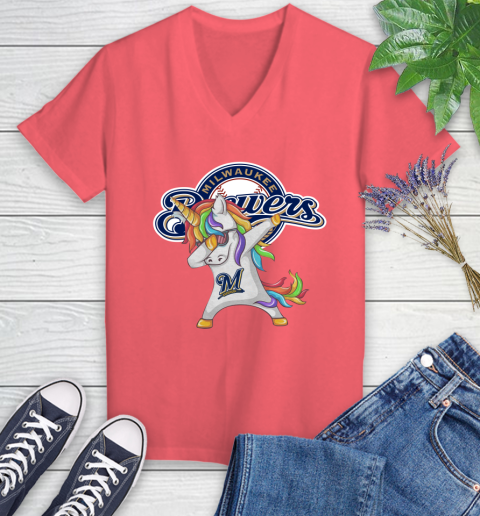 Milwaukee Brewers MLB Baseball Funny Unicorn Dabbing Sports Women's V-Neck T-Shirt 6