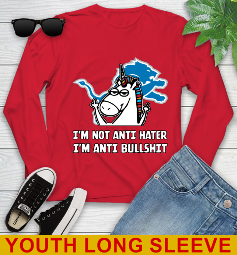 Detroit Lions NFL Football Unicorn I'm Not Anti Hater I'm Anti Bullshit Youth Long Sleeve 11