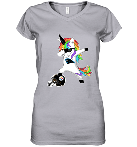 w7y8 football dabbing unicorn steps on helmet carolina panthers women v neck t shirt 39 front sport grey