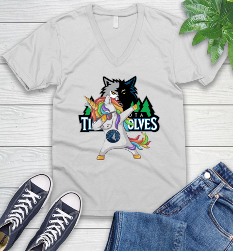 Minnesota Timberwolves NBA Basketball Funny Unicorn Dabbing Sports V-Neck T-Shirt