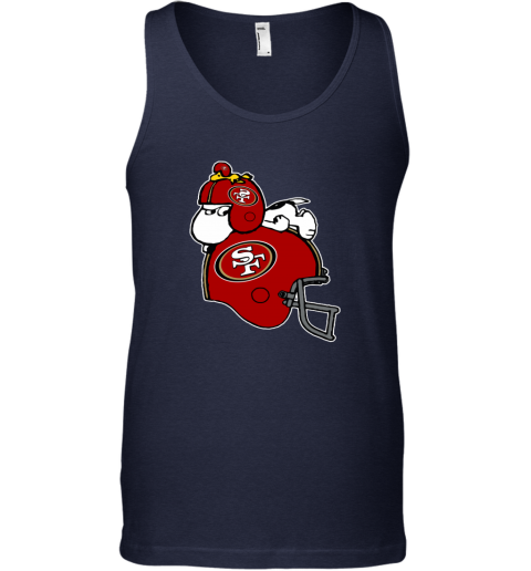 o1qj snoopy and woodstock resting on san francisco 49ers helmet unisex tank 17 front navy