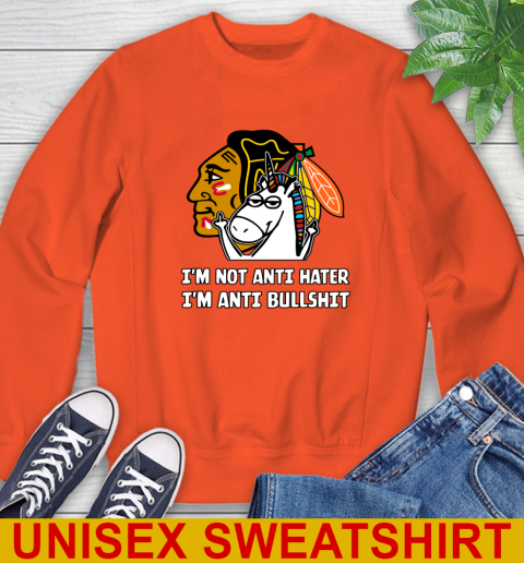 Chicago Blackhawks NHL Hockey Unicorn I'm Not Anti Hater I'm Anti Bullshit Sweatshirt 4