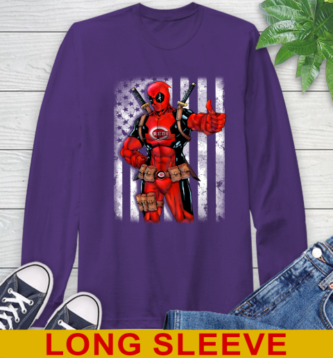 MLB Baseball Cincinnati Reds Deadpool American Flag Shirt Long Sleeve T-Shirt 5