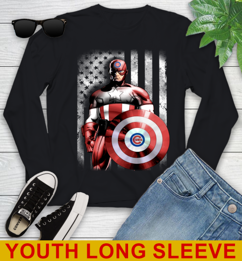 Chicago Cubs MLB Baseball Captain America Marvel Avengers American Flag Shirt Youth Long Sleeve
