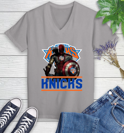 New York Knicks NBA Basketball Captain America Thor Spider Man Hawkeye Avengers Women's V-Neck T-Shirt 4