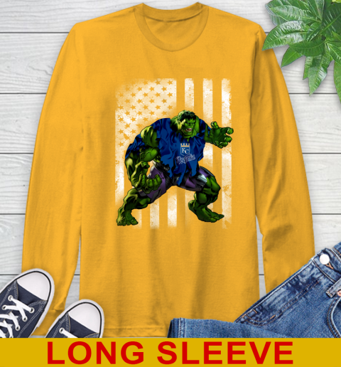 Kansas City Royals Hulk Marvel Avengers MLB Baseball American Flag Long Sleeve T-Shirt 2