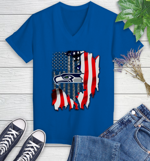 Seattle Seahawks NFL Football American Flag Women's V-Neck T-Shirt 10