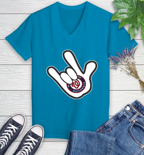 Washington Nationals MLB Baseball Mickey Rock Hand Disney Women's V-Neck T-Shirt 7