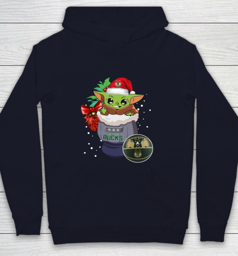 Milwaukee Bucks Christmas Baby Yoda Star Wars Funny Happy NBA Youth Hoodie 3
