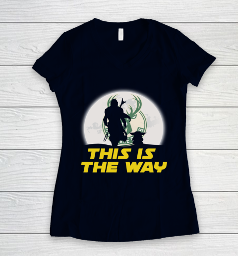 Milwaukee Bucks NBA Basketball Star Wars Yoda And Mandalorian This Is The Way Women's V-Neck T-Shirt 2