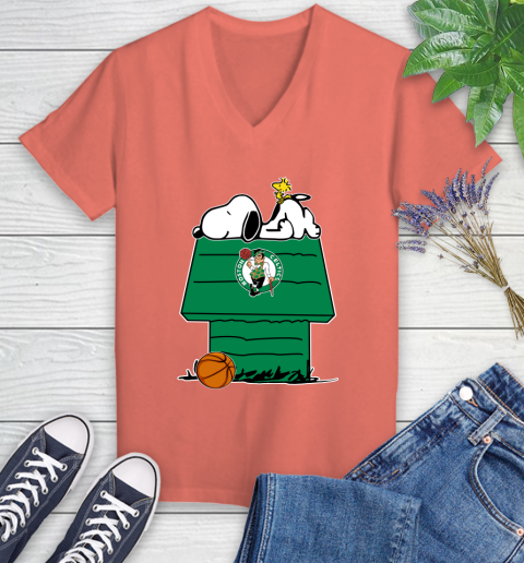 Boston Celtics NBA Basketball Snoopy Woodstock The Peanuts Movie Women's V-Neck T-Shirt 6