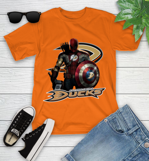 NHL Captain America Thor Spider Man Hawkeye Avengers Endgame Hockey Anaheim Ducks Youth T-Shirt 7