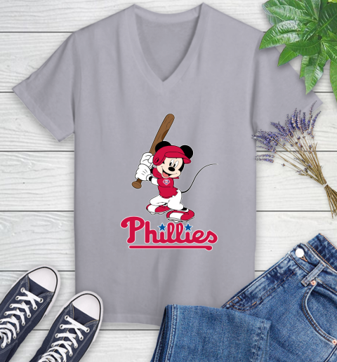 MLB Baseball Philadelphia Phillies Cheerful Mickey Mouse Shirt Women's V-Neck T-Shirt 4
