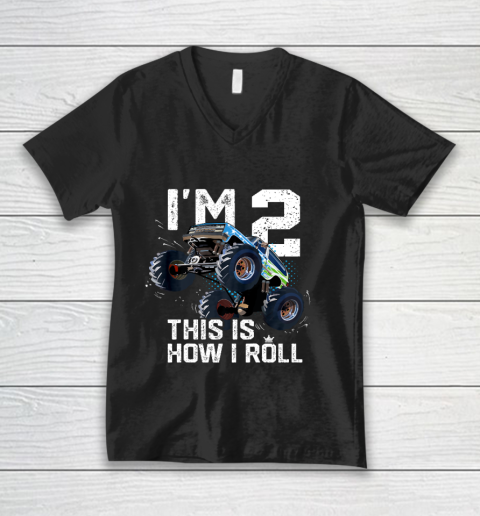 Kids I'm 2 This is How I Roll Monster Truck 2nd Birthday Boy Gift 2 Year Old V-Neck T-Shirt