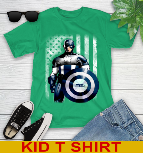 Seattle Seahawks NFL Football Captain America Marvel Avengers American Flag Shirt Youth T-Shirt 7