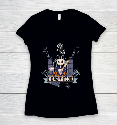 MLB Chicago White Sox Baseball Jack Skellington Halloween Women's V-Neck T-Shirt