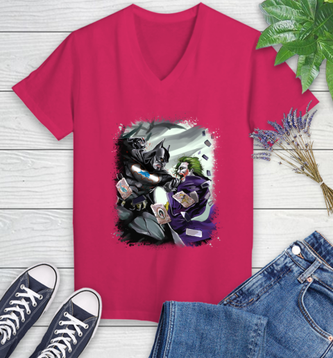 Detroit Lions NFL Football Batman Fighting Joker DC Comics Women's V-Neck T-Shirt - Image 10