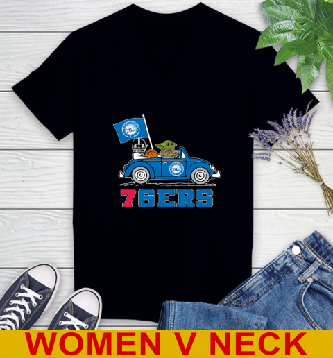 NBA Basketball Philadelphia 76ers Darth Vader Baby Yoda Driving Star Wars Shirt Women's V-Neck T-Shirt 2