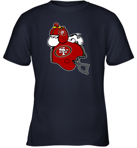 t8tt snoopy and woodstock resting on san francisco 49ers helmet youth t shirt 26 front navy