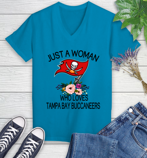 NFL Just A Woman Who Loves Tampa Bay Buccaneers Football Sports Women's V-Neck T-Shirt 4