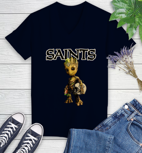 New Orleans Saints NFL Football Groot Marvel Guardians Of The Galaxy Women's V-Neck T-Shirt 3