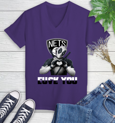 NBA Brooklyn Nets Deadpool Love You Fuck You Basketball Sports Women's V-Neck T-Shirt 3