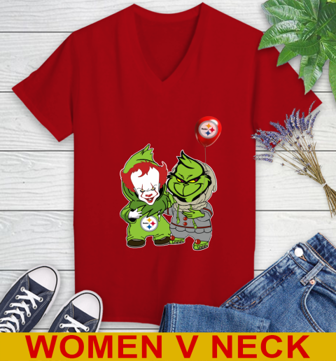 Pittsburgh Steelers Baby Pennywise Grinch Christmas NFL Football Women's V-Neck T-Shirt 12