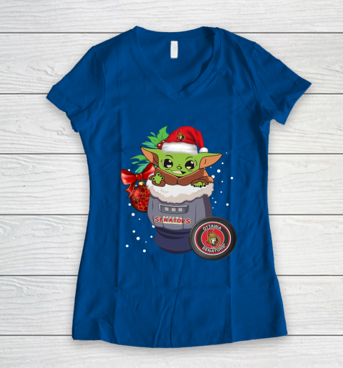 Ottawa Senators Christmas Baby Yoda Star Wars Funny Happy NHL Women's V-Neck T-Shirt 9