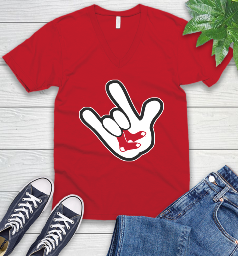 Boston Red Sox MLB Baseball Mickey Rock Hand Disney V-Neck T-Shirt 7
