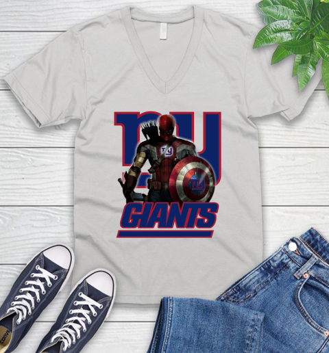 NFL Captain America Thor Spider Man Hawkeye Avengers Endgame Football New York Giants V-Neck T-Shirt