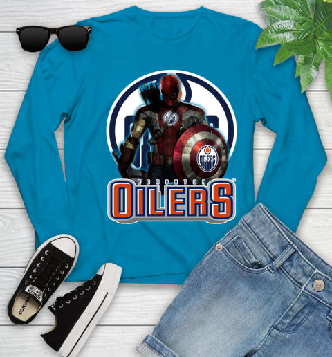 NHL Captain America Thor Spider Man Hawkeye Avengers Endgame Hockey Edmonton Oilers Youth Long Sleeve 7