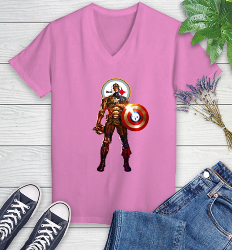 NFL Captain America Marvel Avengers Endgame Football Sports Pittsburgh Steelers Women's V-Neck T-Shirt 14
