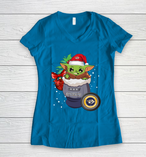 Nashville Predators Christmas Baby Yoda Star Wars Funny Happy NHL Women's V-Neck T-Shirt 7