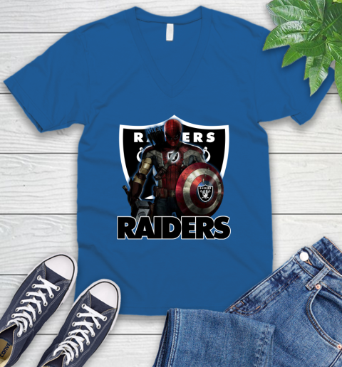 NFL Captain America Thor Spider Man Hawkeye Avengers Endgame Football Oakland Raiders V-Neck T-Shirt 6