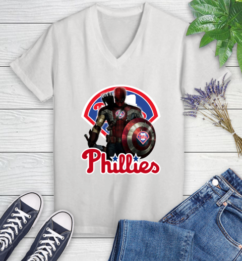 MLB Captain America Thor Spider Man Hawkeye Avengers Endgame Baseball Philadelphia Phillies Women's V-Neck T-Shirt