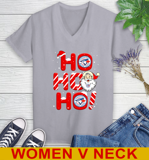 Toronto Blue Jays MLB Baseball Ho Ho Ho Santa Claus Merry Christmas Shirt Women's V-Neck T-Shirt 4