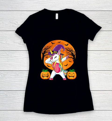 Cute Halloween Shirt Girls Women Witchy Unicorn Halloween Women's V-Neck T-Shirt