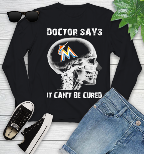 MLB Miami Marlins Baseball Skull It Can't Be Cured Shirt Youth Long Sleeve