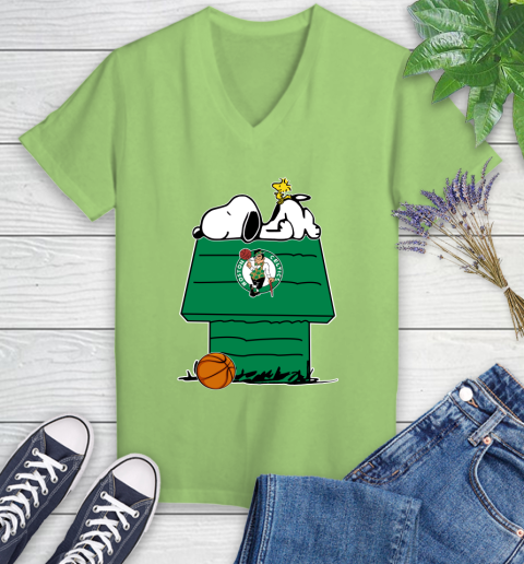Boston Celtics NBA Basketball Snoopy Woodstock The Peanuts Movie Women's V-Neck T-Shirt 11