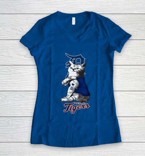MLB Baseball My Cat Loves Detroit Tigers Women's V-Neck T-Shirt 7